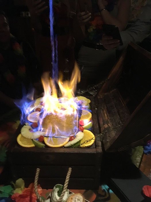 Zombie cocktails at Aloha, in a treasure crate. On fire